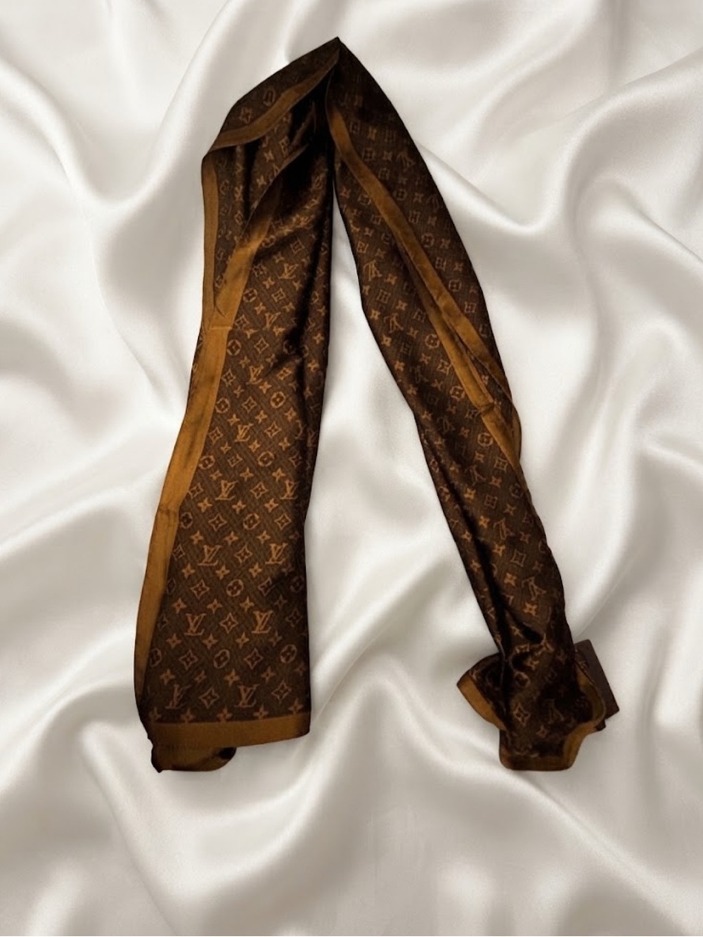 Brand New 100 % Silk Brown Monogram Silk Scarf